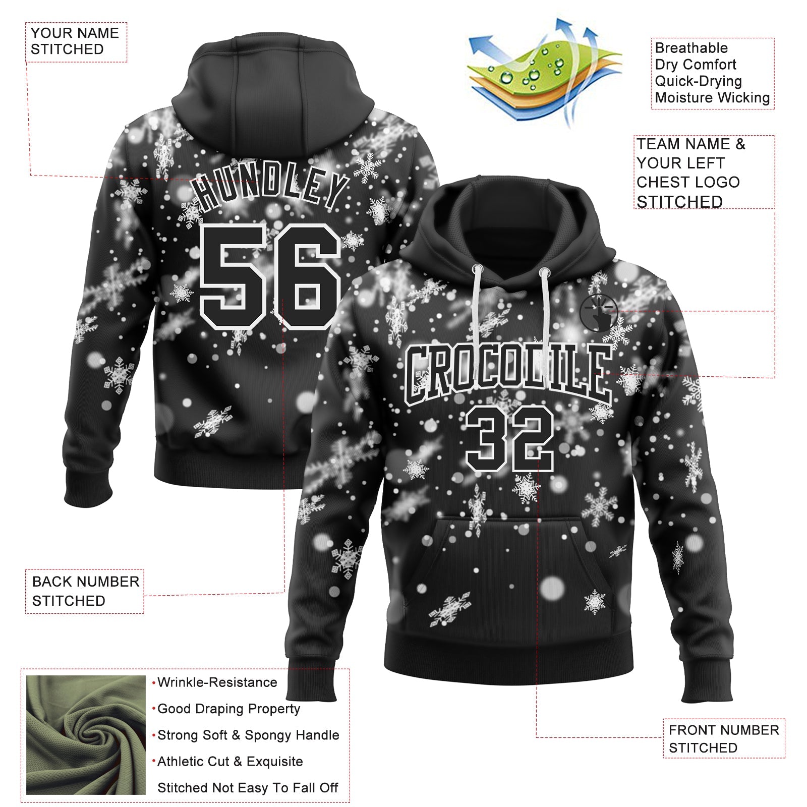 Custom Stitched Black White Christmas Snowflakes 3D Sports Pullover Sweatshirt Hoodie view 2