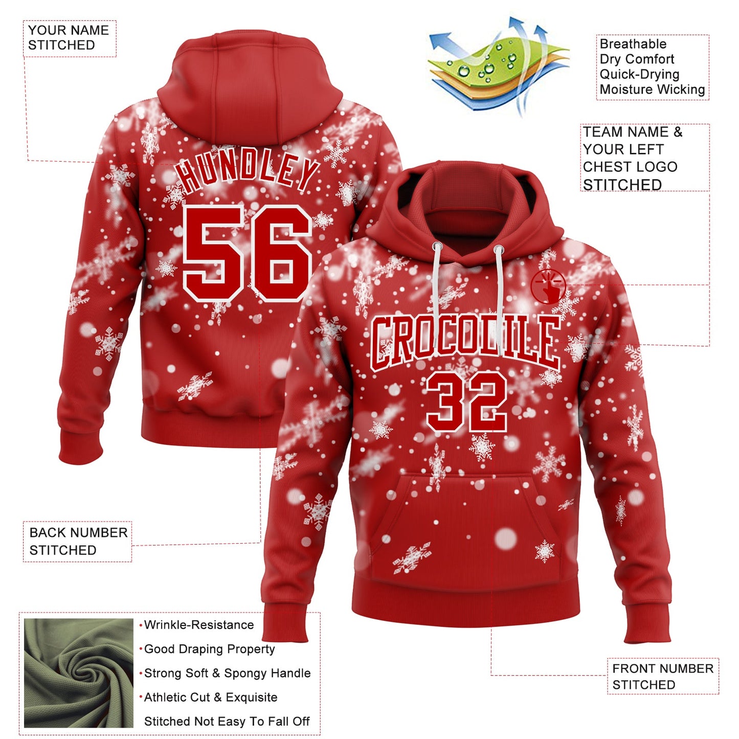 Custom Stitched Red White Christmas Snowflakes 3D Sports Pullover Sweatshirt Hoodie view 2