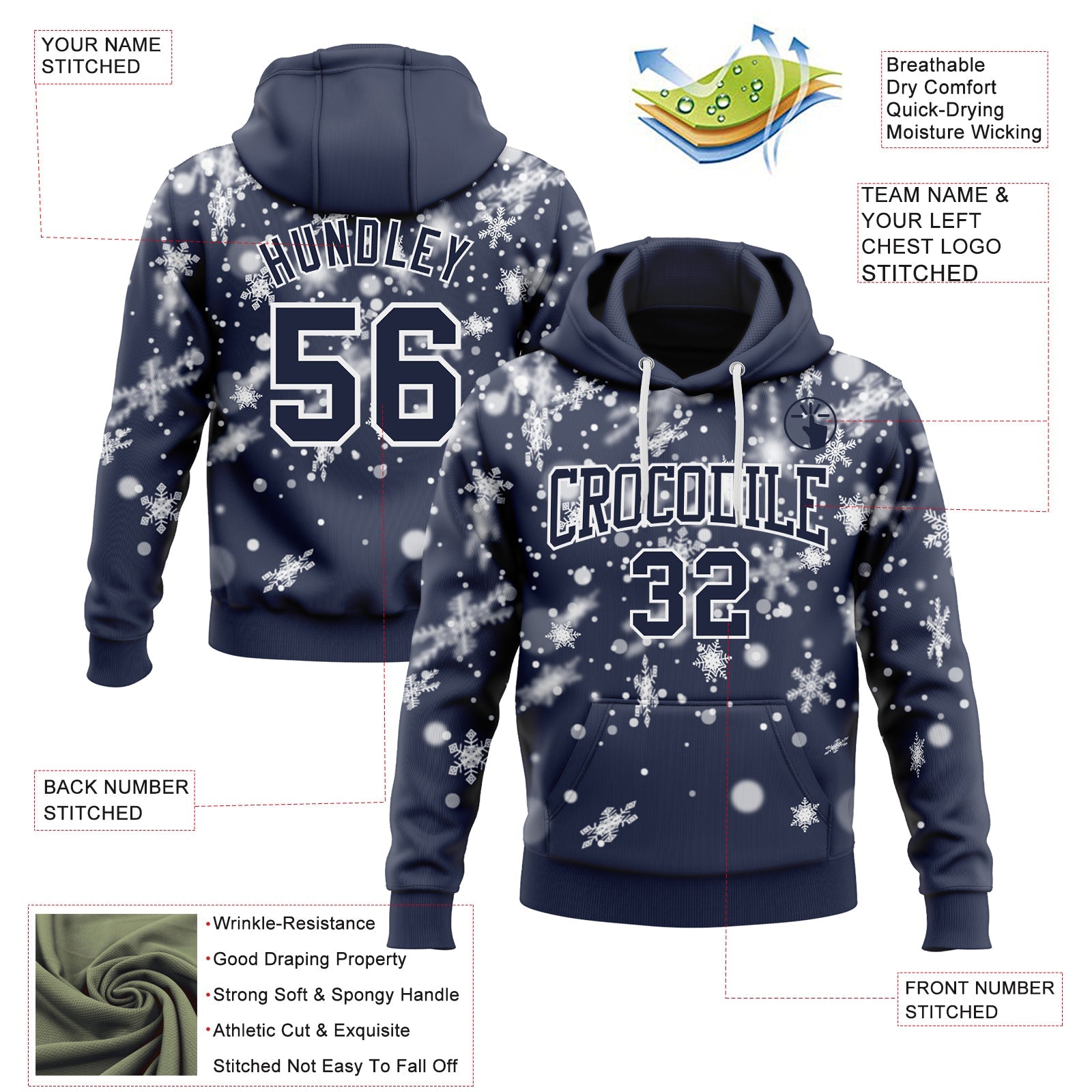 Custom Stitched Navy White Christmas Snowflakes 3D Sports Pullover Sweatshirt Hoodie view 2