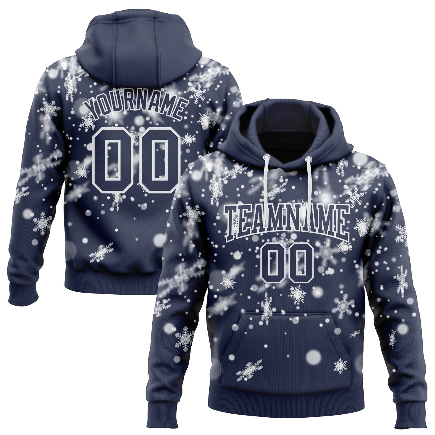 Custom Stitched Navy White Christmas Snowflakes 3D Sports Pullover Sweatshirt Hoodie - Main View