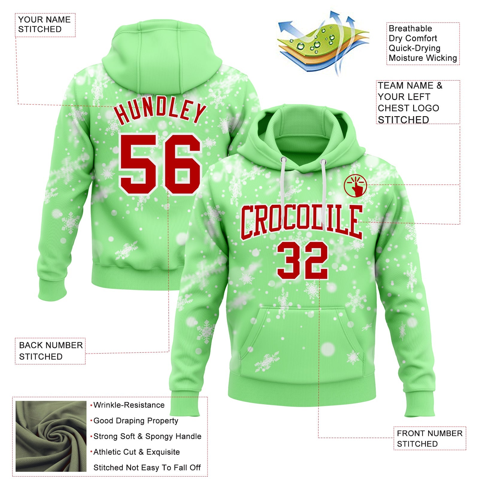 Custom Stitched Pea Green Red-White Christmas Snowflakes 3D Sports Pullover Sweatshirt Hoodie view 2