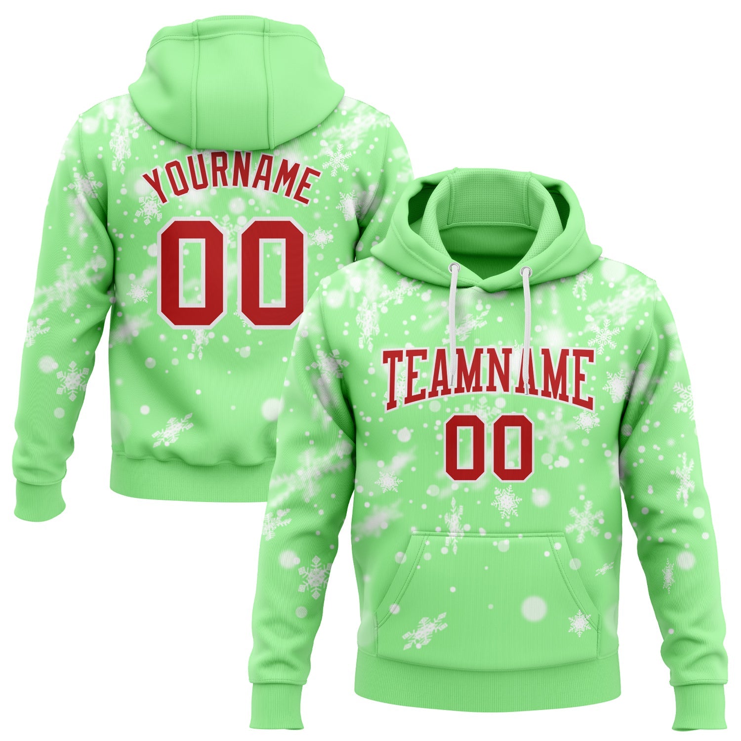 Custom Stitched Pea Green Red-White Christmas Snowflakes 3D Sports Pullover Sweatshirt Hoodie - Main View