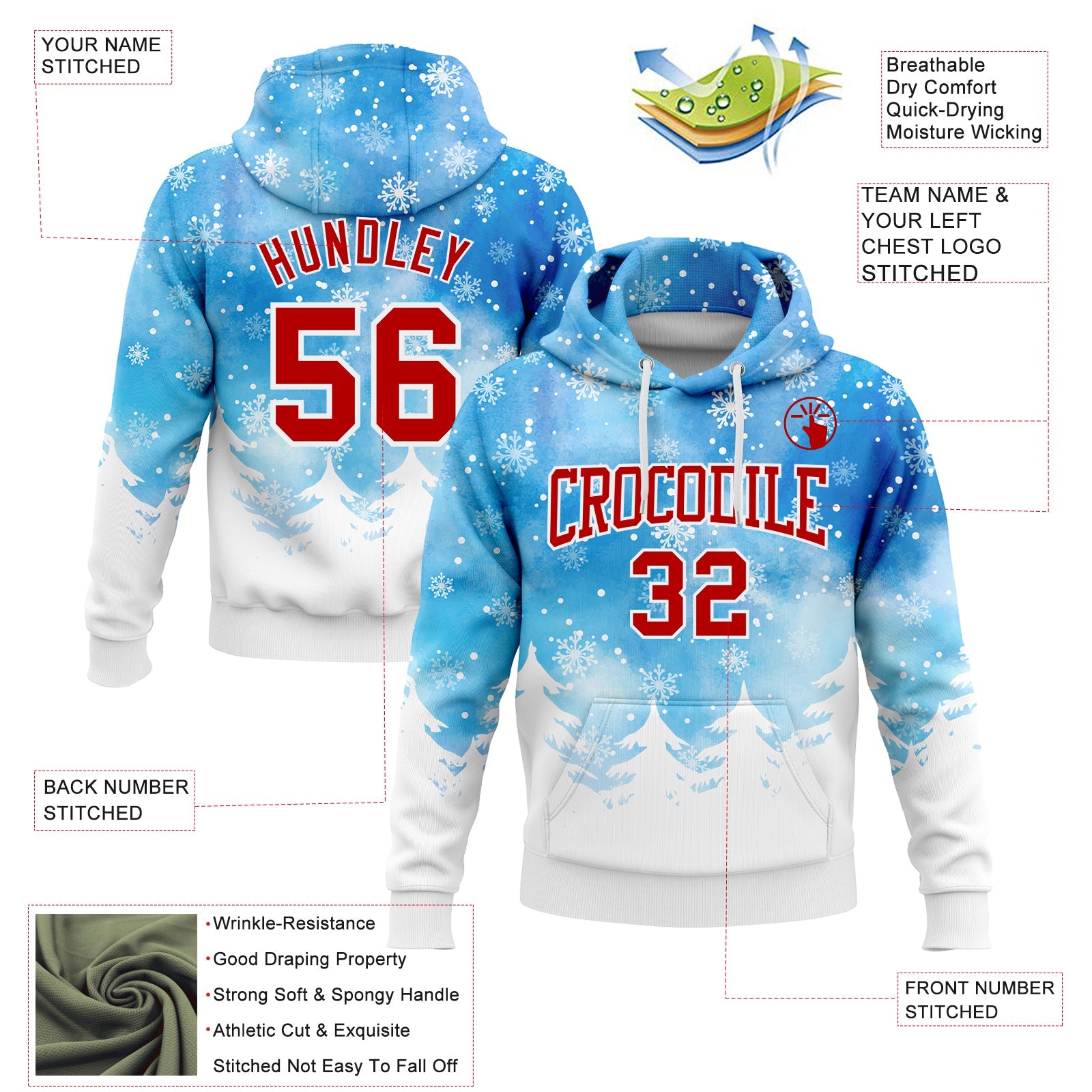 Custom Stitched Powder Blue Red-White Christmas Snowflakes 3D Sports Pullover Sweatshirt Hoodie view 2