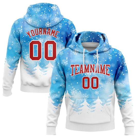 Custom Stitched Powder Blue Red-White Christmas Snowflakes 3D Sports Pullover Sweatshirt Hoodie - Main View