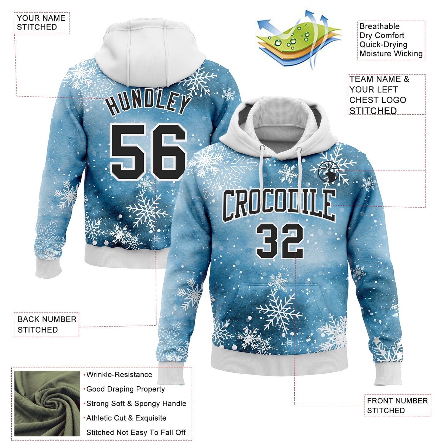 Custom Stitched Panther Blue Black-White Christmas Snowflakes 3D Sports Pullover Sweatshirt Hoodie view 2