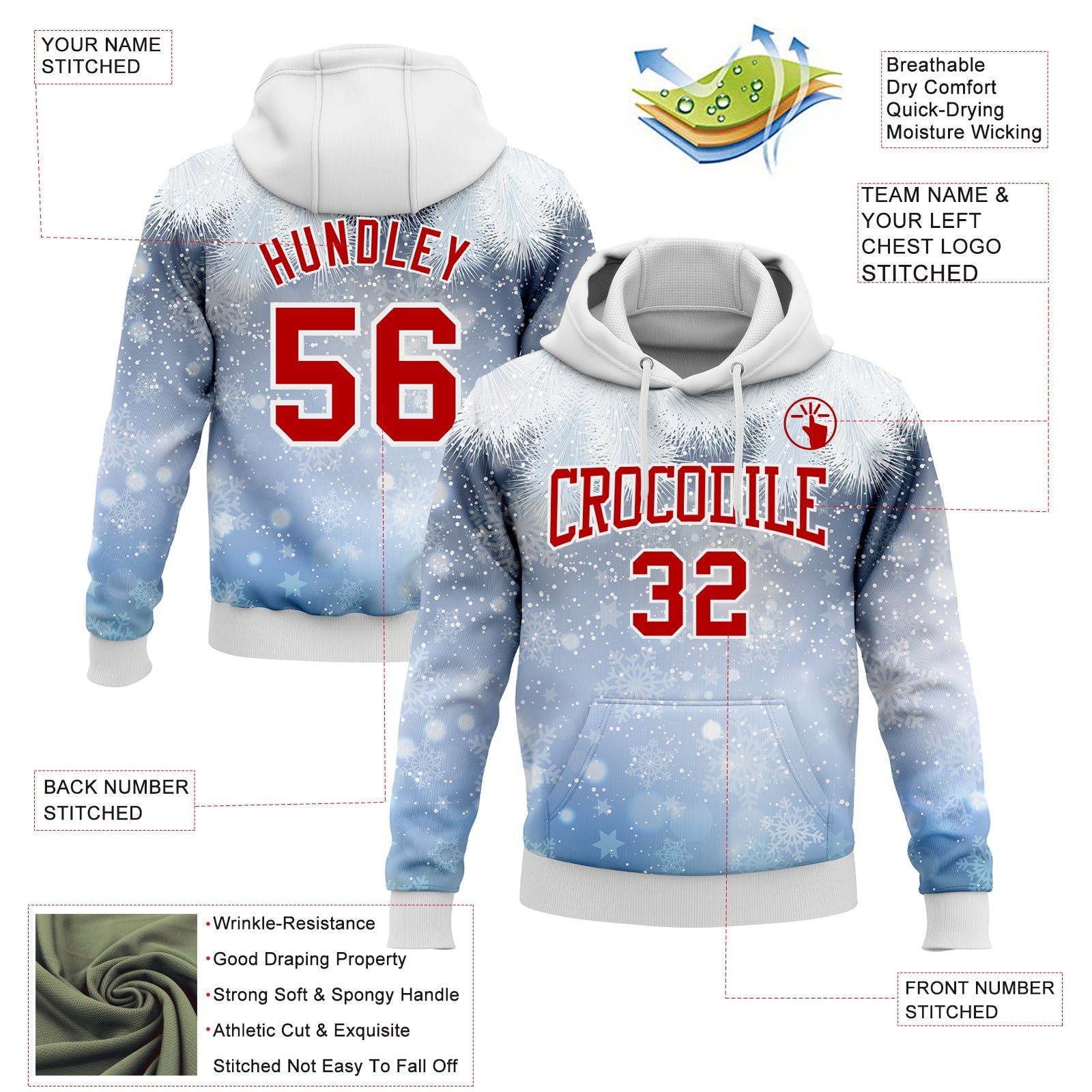 Custom Stitched Light Blue Red-White Christmas Snowflakes 3D Sports Pullover Sweatshirt Hoodie view 2