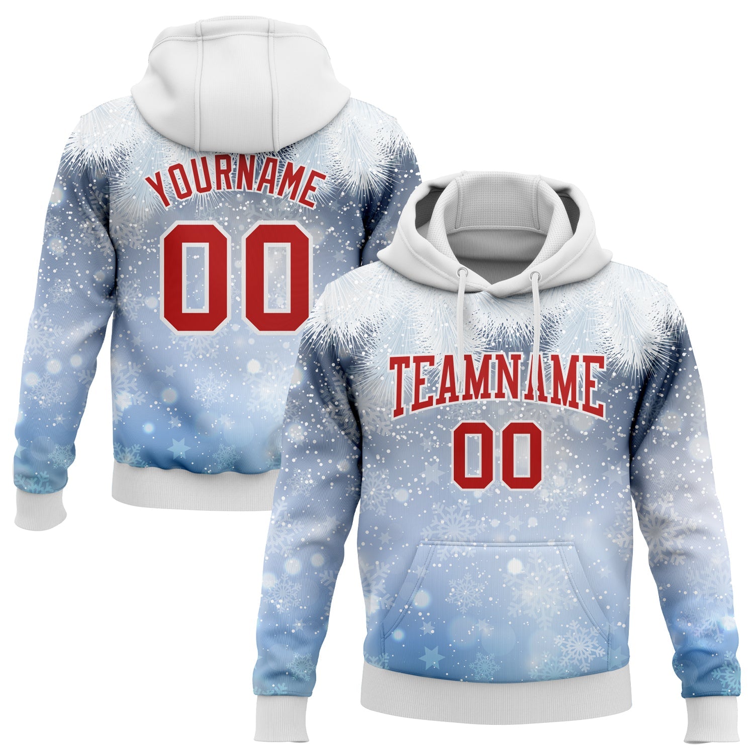 Custom Stitched Light Blue Red-White Christmas Snowflakes 3D Sports Pullover Sweatshirt Hoodie - Main View