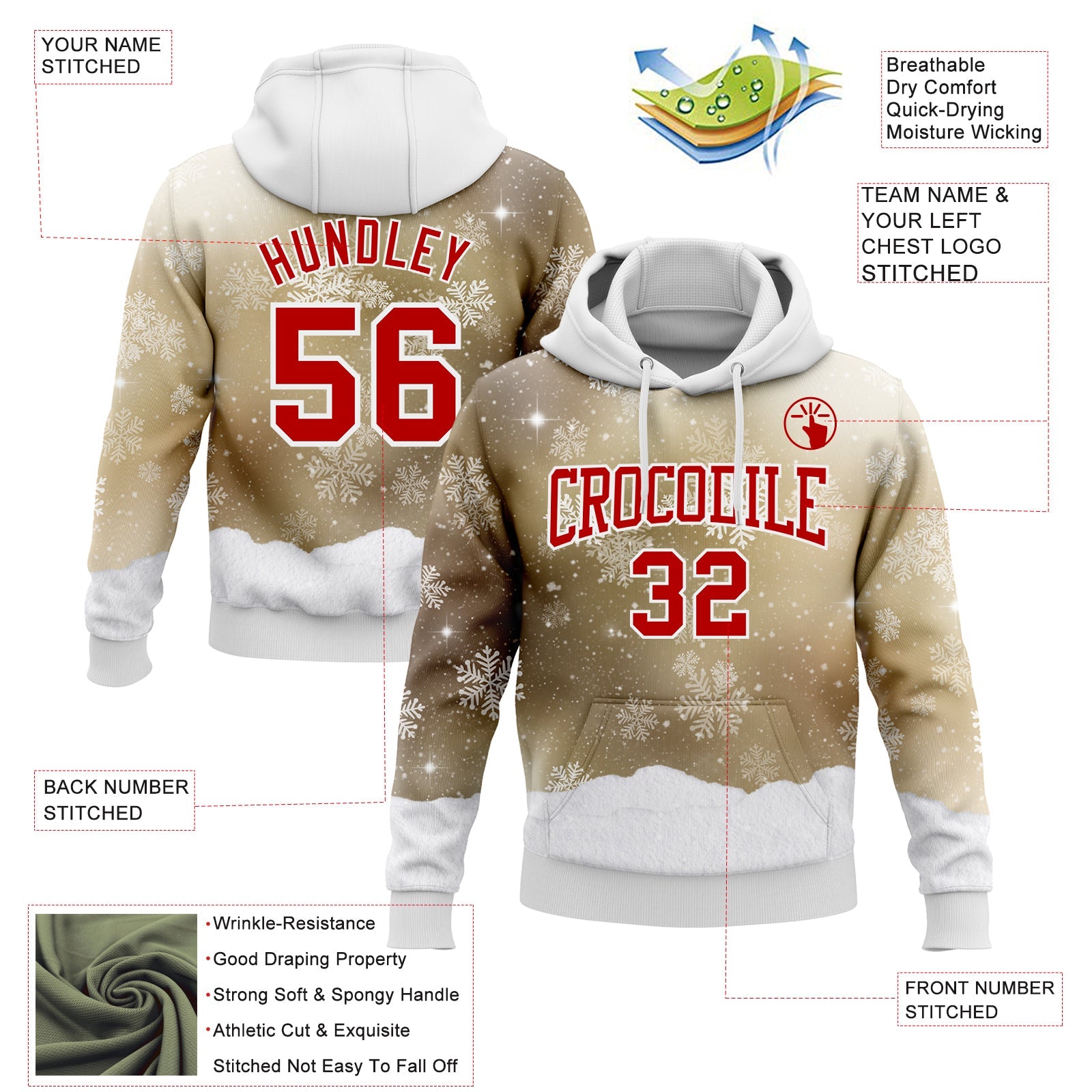 Custom Stitched Old Gold Red-White Christmas Snowflakes 3D Sports Pullover Sweatshirt Hoodie view 2