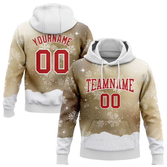 Custom Stitched Old Gold Red-White Christmas Snowflakes 3D Sports Pullover Sweatshirt Hoodie - Main View
