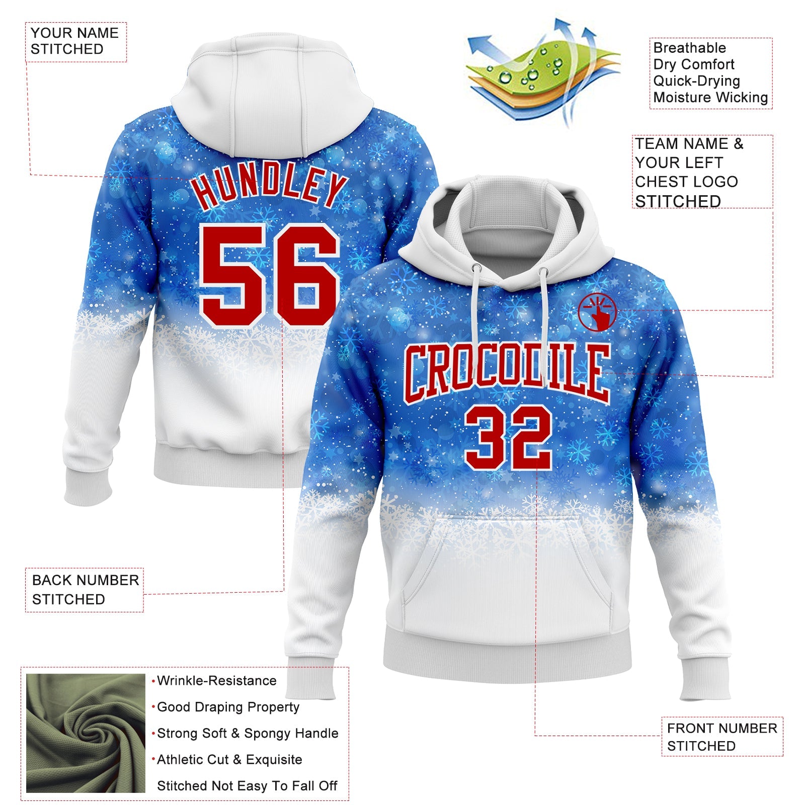 Custom Stitched Royal Red-White Christmas Snowflakes 3D Sports Pullover Sweatshirt Hoodie view 2