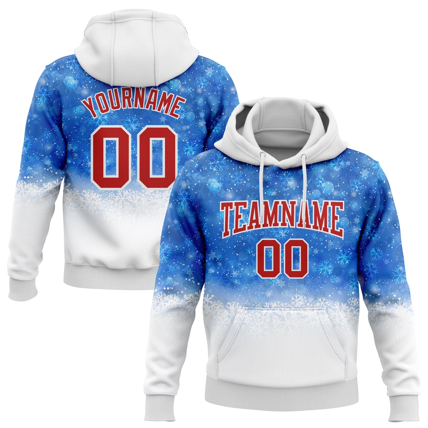 Custom Stitched Royal Red-White Christmas Snowflakes 3D Sports Pullover Sweatshirt Hoodie - Main View