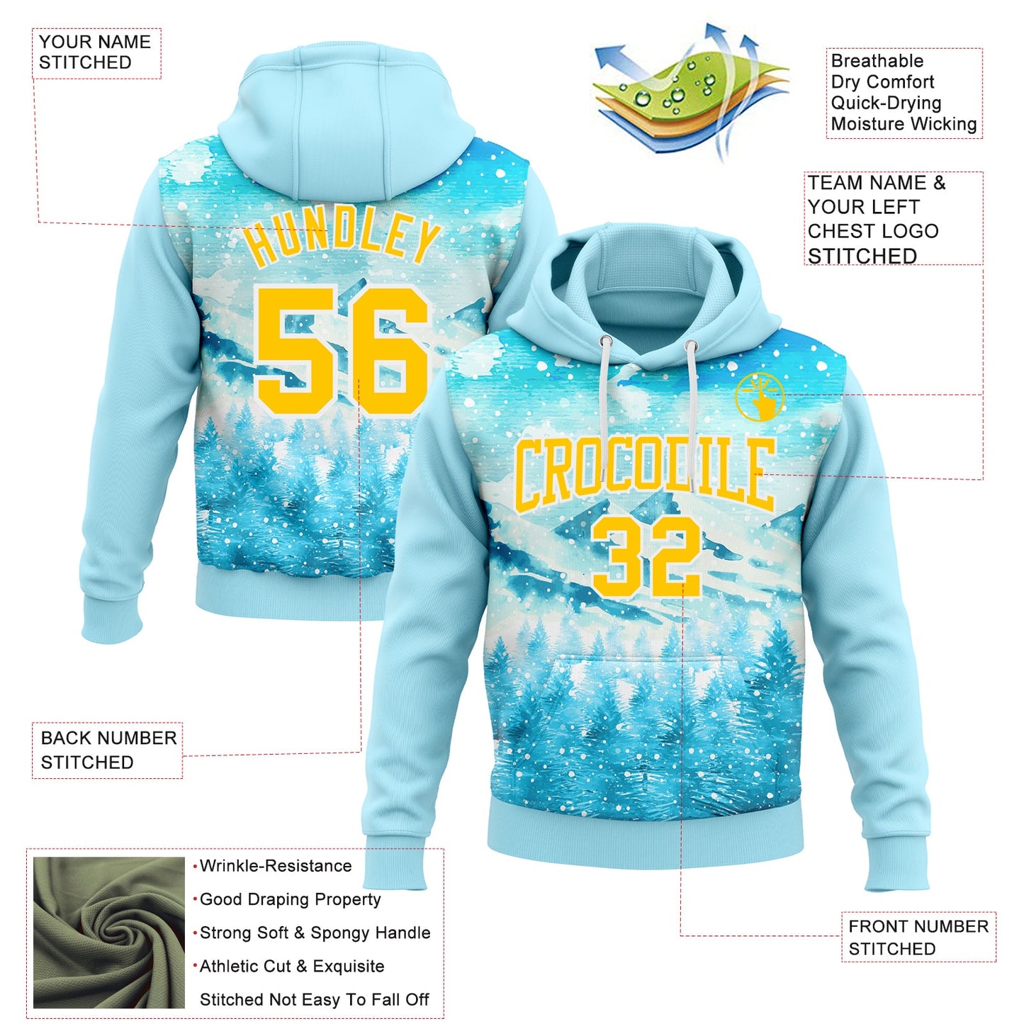 Custom Stitched Lakes Blue Yellow-White Christmas Snowflakes 3D Sports Pullover Sweatshirt Hoodie view 2