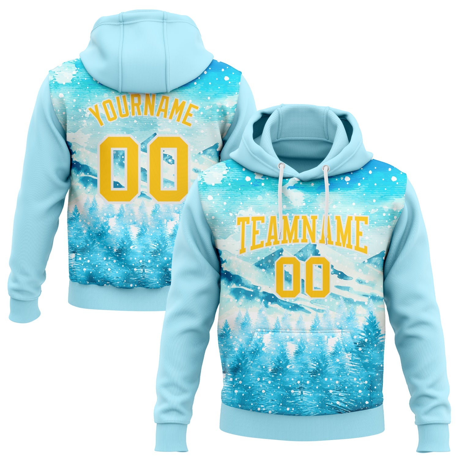 Custom Stitched Lakes Blue Yellow-White Christmas Snowflakes 3D Sports Pullover Sweatshirt Hoodie - Main View