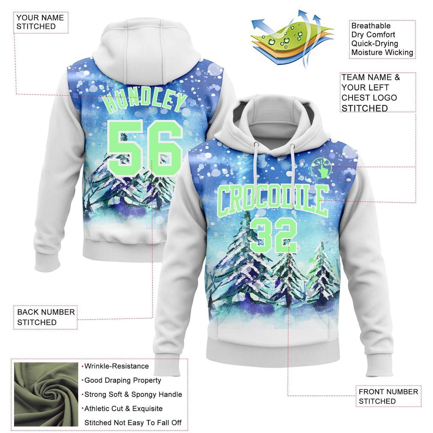 Custom Stitched White Pea Green Christmas Snowflakes 3D Sports Pullover Sweatshirt Hoodie view 2