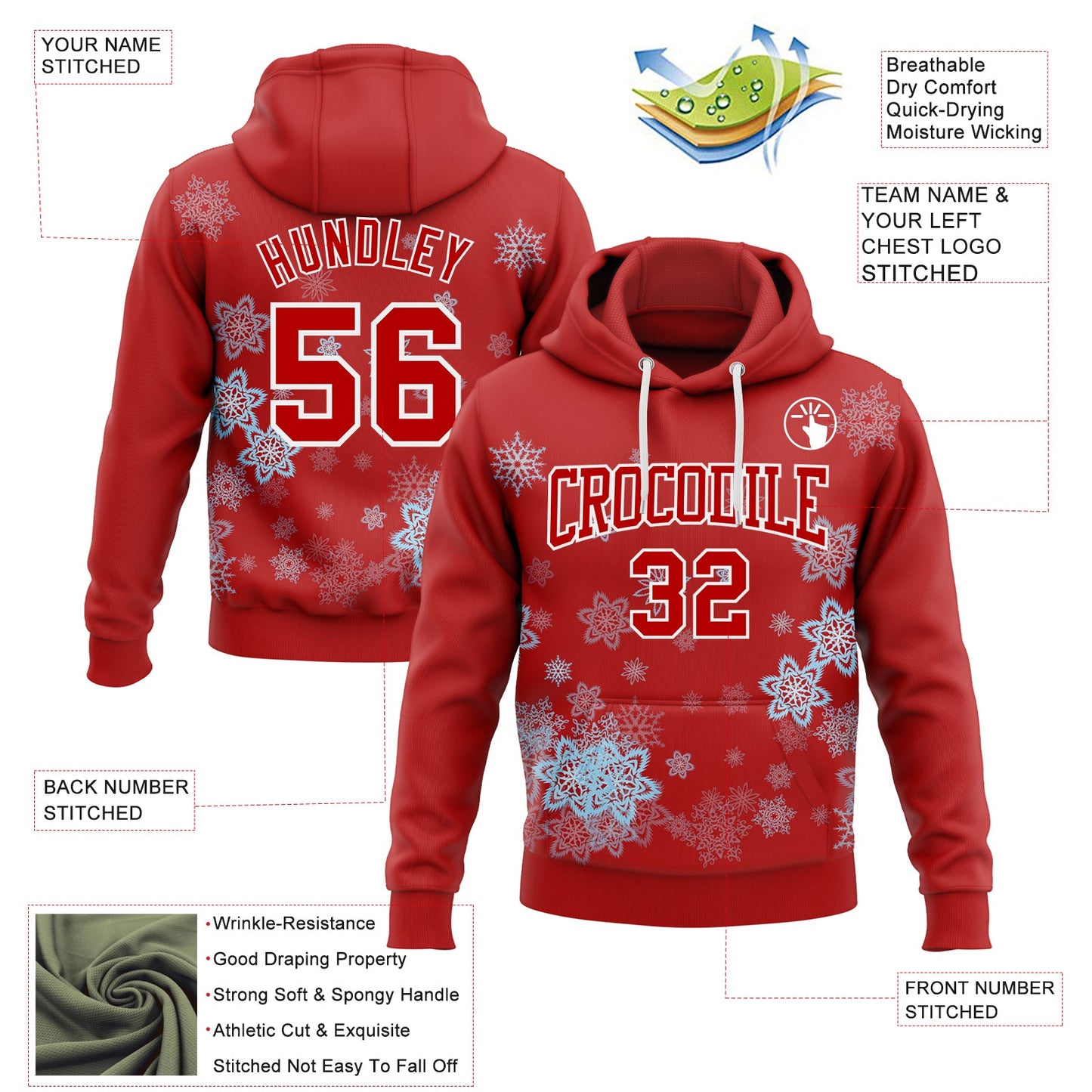 Custom Stitched Red White Christmas Snowflakes 3D Sports Pullover Sweatshirt Hoodie view 2