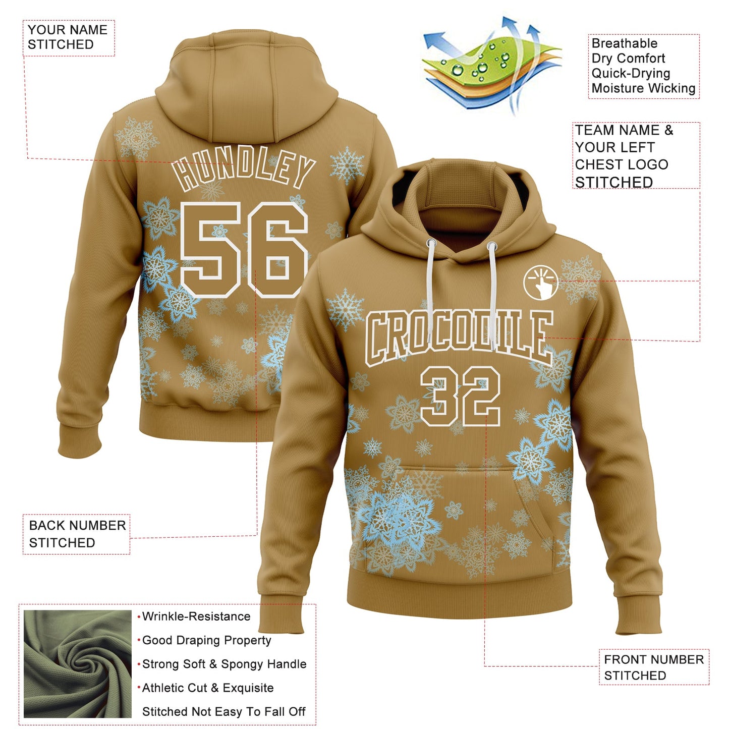 Custom Stitched Old Gold White Christmas Snowflakes 3D Sports Pullover Sweatshirt Hoodie view 2