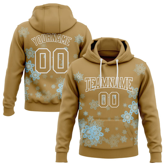 Custom Stitched Old Gold White Christmas Snowflakes 3D Sports Pullover Sweatshirt Hoodie - Main View