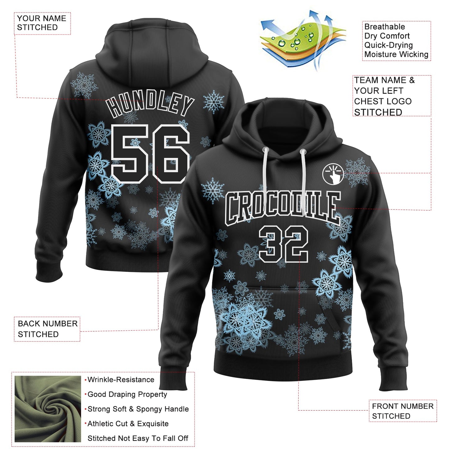 Custom Stitched Black White Christmas Snowflakes 3D Sports Pullover Sweatshirt Hoodie view 2