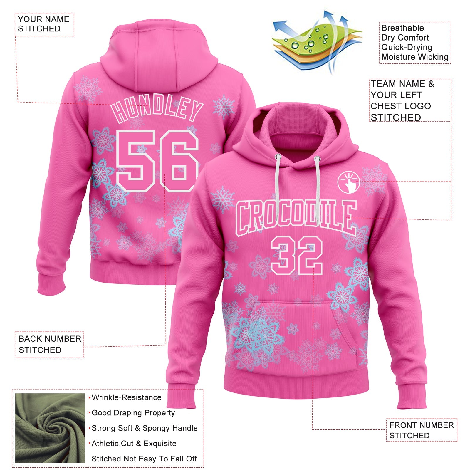 Custom Stitched Pink White Christmas Snowflakes 3D Sports Pullover Sweatshirt Hoodie view 2