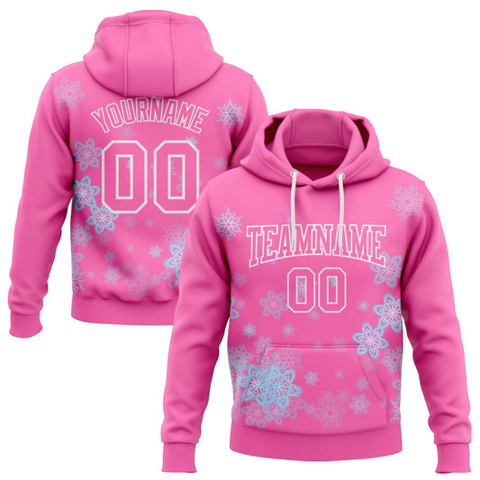 Custom Stitched Pink White Christmas Snowflakes 3D Sports Pullover Sweatshirt Hoodie - Main View