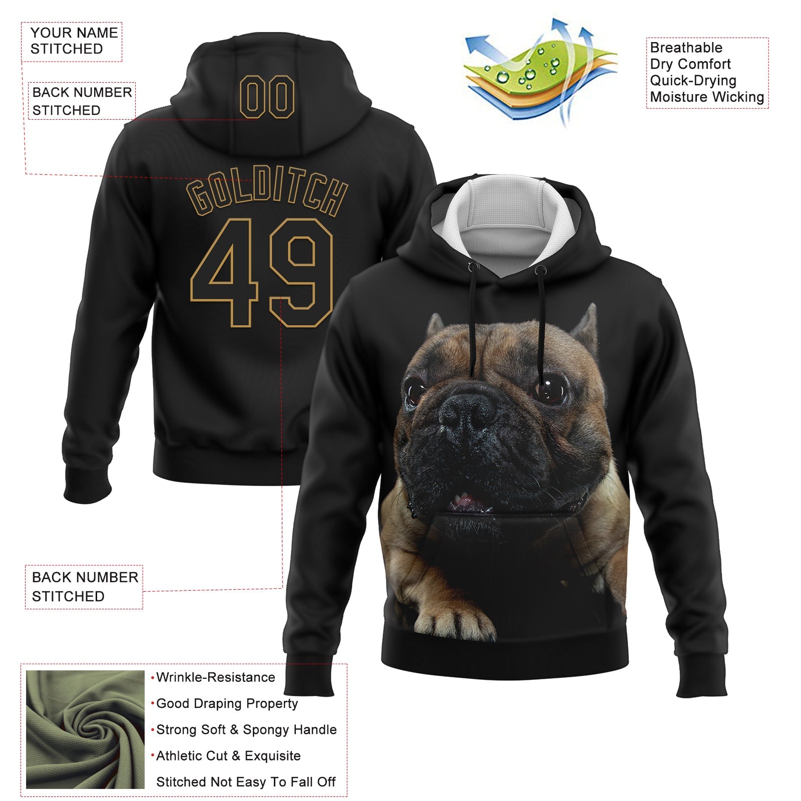 Custom Stitched Black Old Gold 3D Pattern Design American Bullydog Sports Pullover Sweatshirt Hoodie view 2