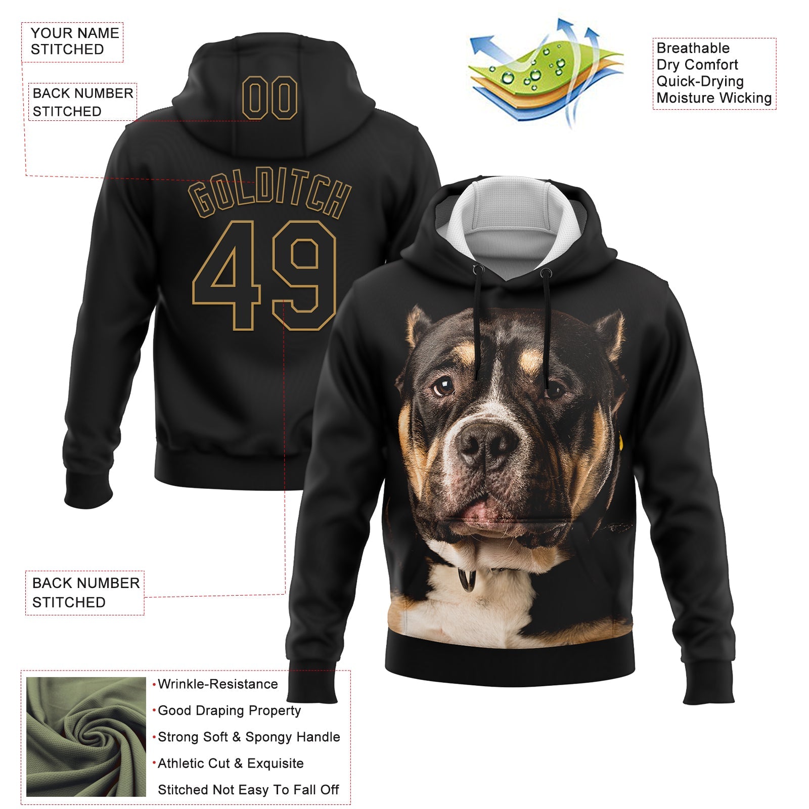 Custom Stitched Black Old Gold 3D Pattern Design American Bullydog Sports Pullover Sweatshirt Hoodie view 2