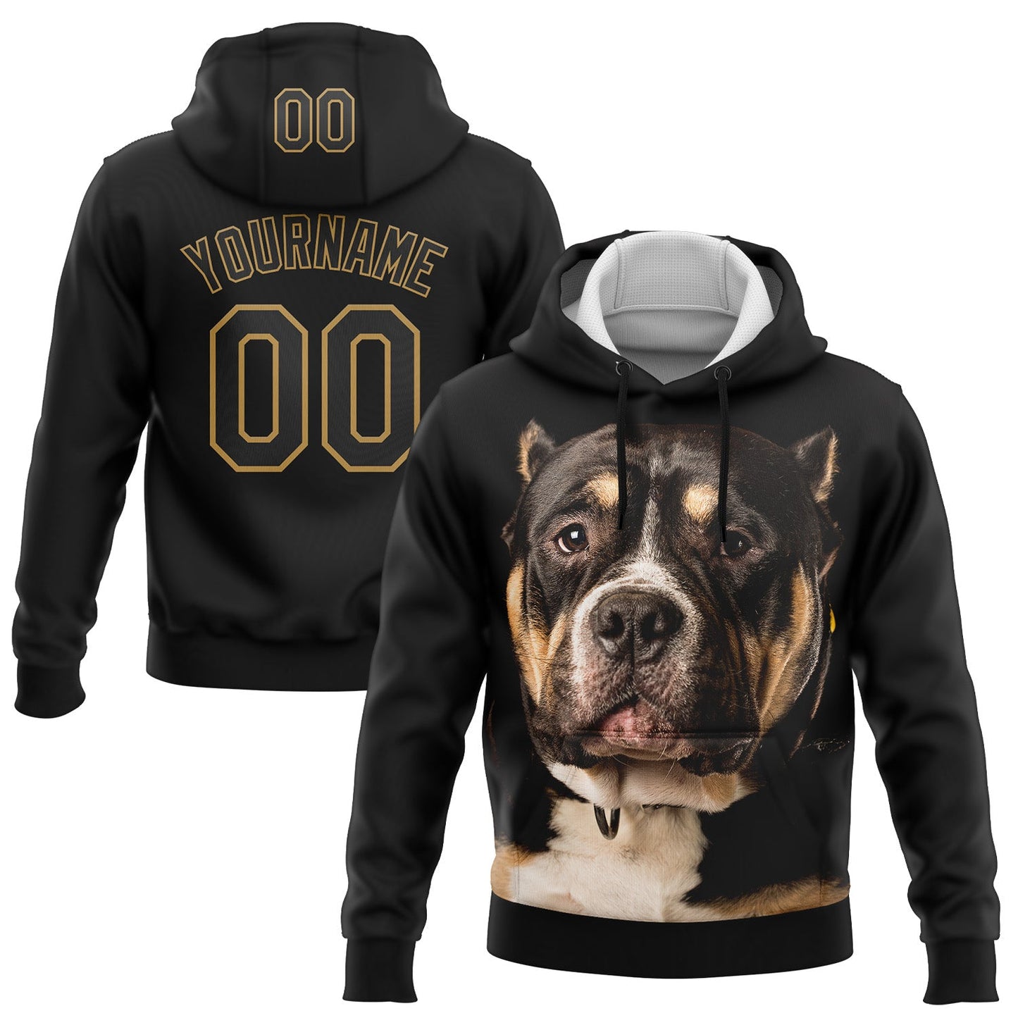 Custom Stitched Black Old Gold 3D Pattern Design American Bullydog Sports Pullover Sweatshirt Hoodie - Main View