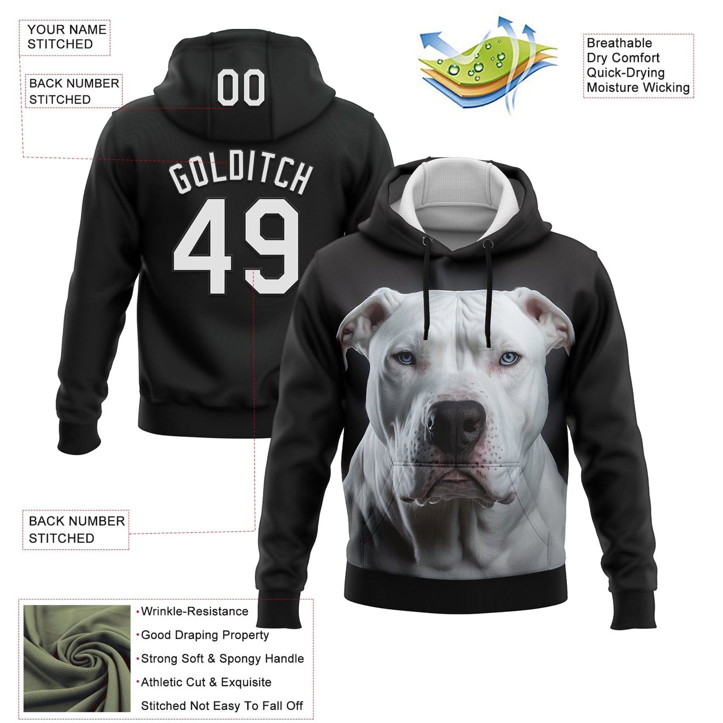Custom Stitched Black White 3D Pattern Design Dogo-argentino Sports Pullover Sweatshirt Hoodie view 2