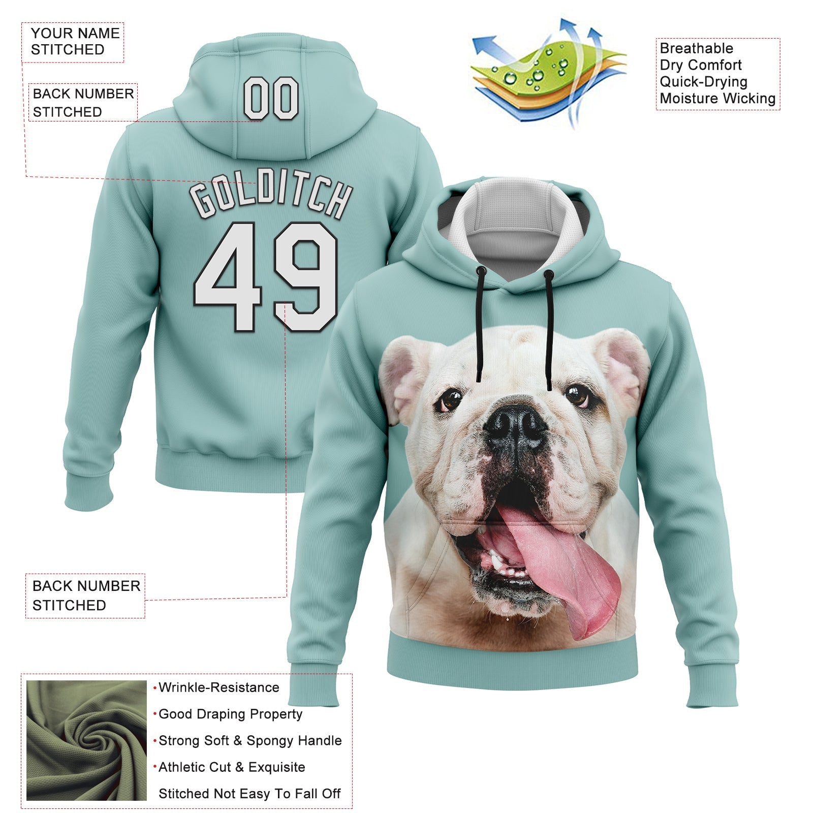 Custom Stitched Ice Blue White-Black 3D Pattern Design Bulldog Sports Pullover Sweatshirt Hoodie view 2