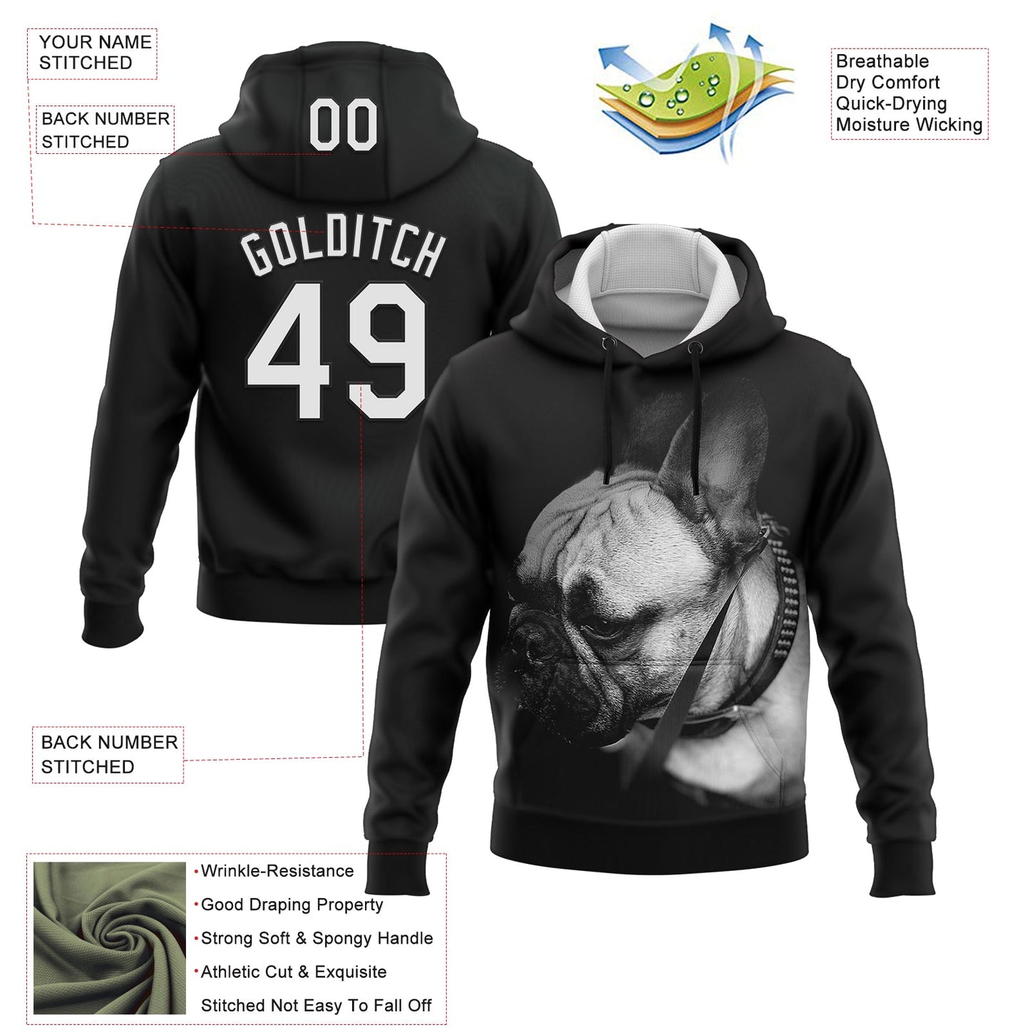 Custom Stitched Black White 3D Pattern Design Bulldog Sports Pullover Sweatshirt Hoodie view 2