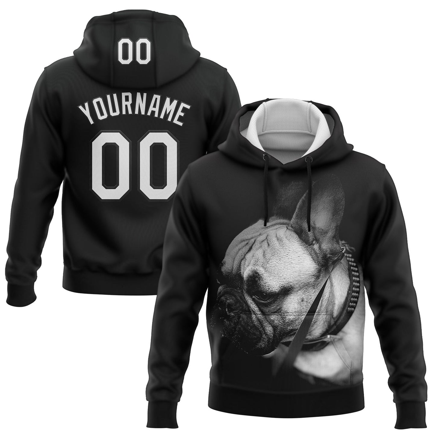 Custom Stitched Black White 3D Pattern Design Bulldog Sports Pullover Sweatshirt Hoodie - Main View