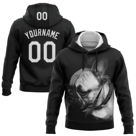 Custom Stitched Black White 3D Pattern Design Bulldog Sports Pullover Sweatshirt Hoodie - Main View