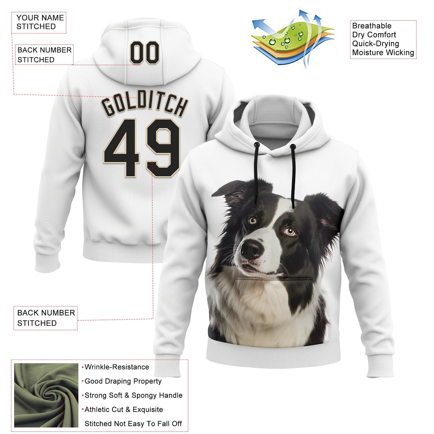 Custom Stitched White Black-Cream 3D Pattern Design Border Collie Sports Pullover Sweatshirt Hoodie view 2