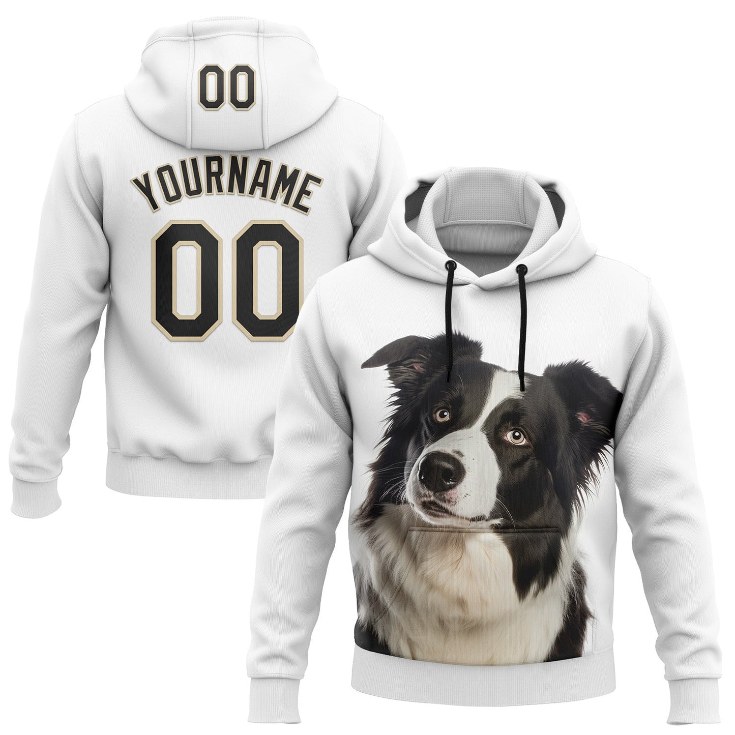 Custom Stitched White Black-Cream 3D Pattern Design Border Collie Sports Pullover Sweatshirt Hoodie - Main View