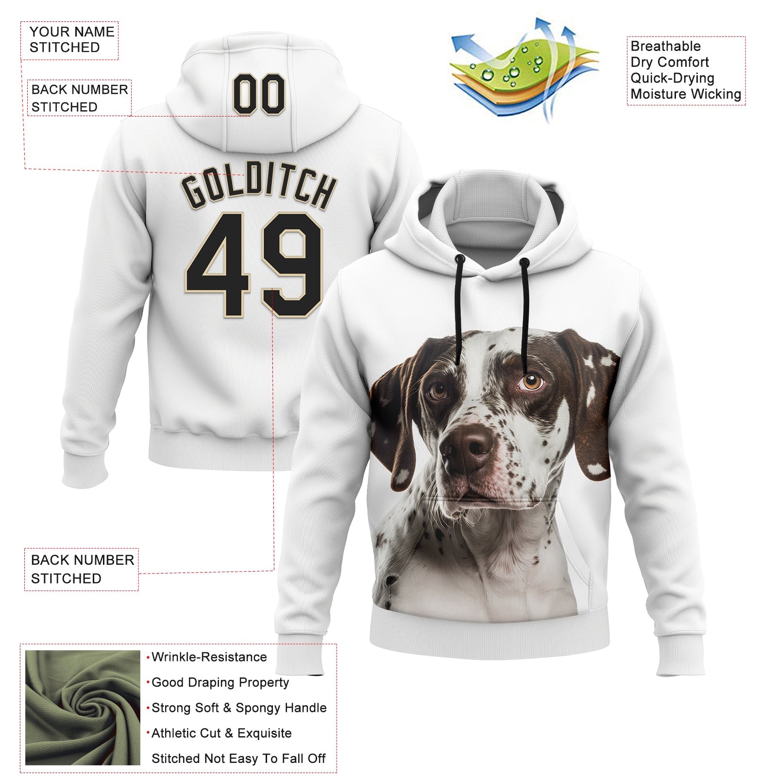 Custom Stitched White Black-Cream 3D Pattern Design English Pointer Dog Sports Pullover Sweatshirt Hoodie view 2