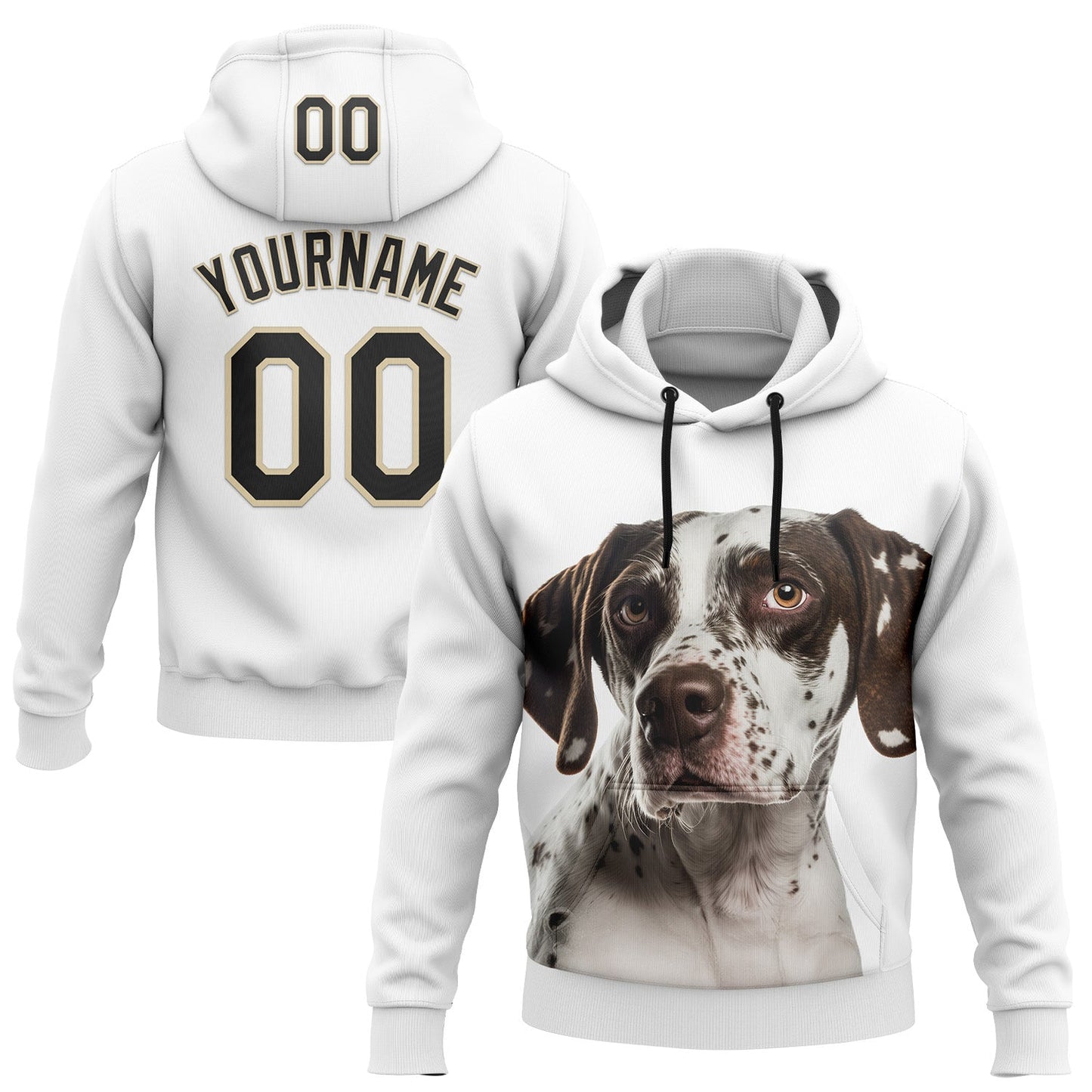 Custom Stitched White Black-Cream 3D Pattern Design English Pointer Dog Sports Pullover Sweatshirt Hoodie - Main View