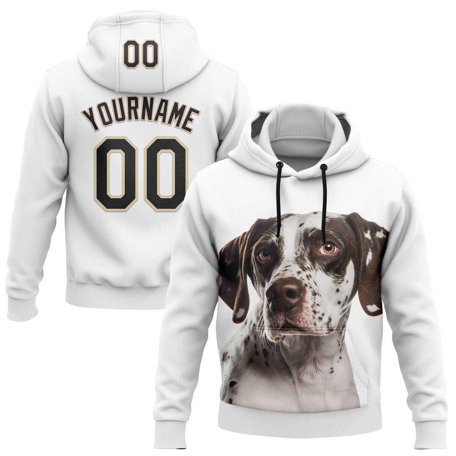 Custom Stitched White Black-Cream 3D Pattern Design English Pointer Dog Sports Pullover Sweatshirt Hoodie - Main View
