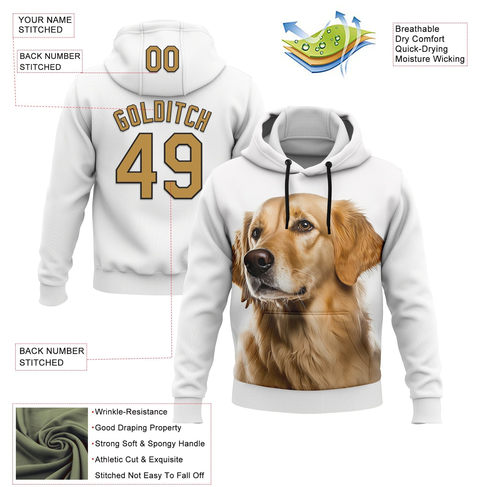 Custom Stitched White Old Gold-Black 3D Pattern Design Golden Retriever Dog Sports Pullover Sweatshirt Hoodie view 2