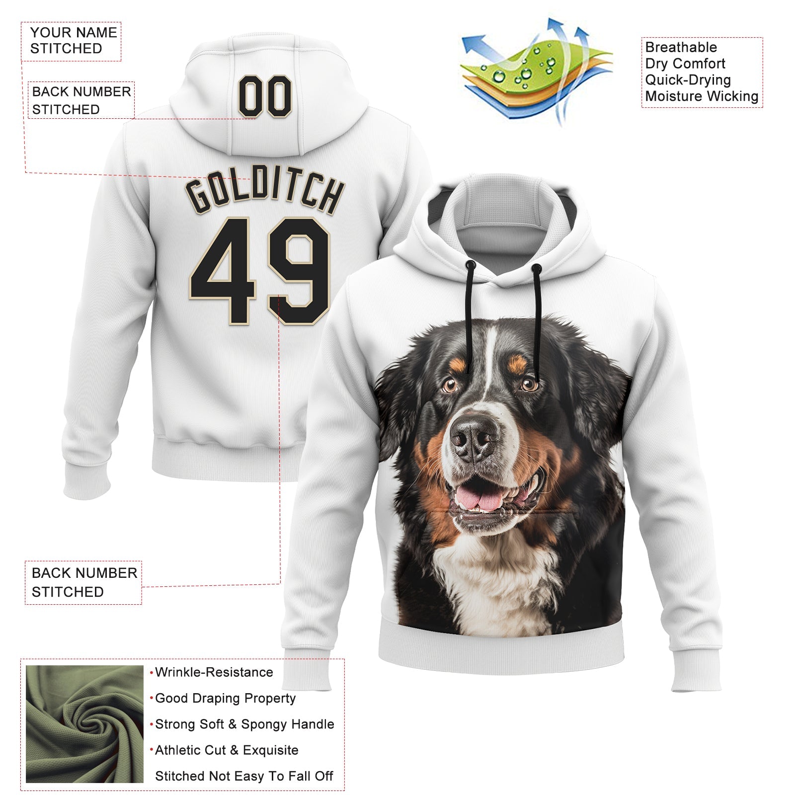 Custom Stitched White Black-Cream 3D Pattern Design Bernese Mountain Dog Sports Pullover Sweatshirt Hoodie view 2