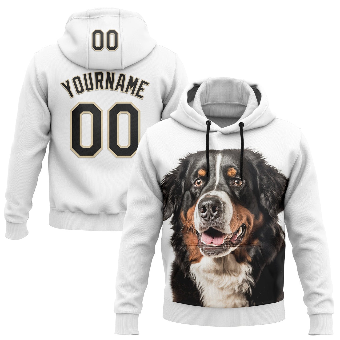 Custom Stitched White Black-Cream 3D Pattern Design Bernese Mountain Dog Sports Pullover Sweatshirt Hoodie - Main View