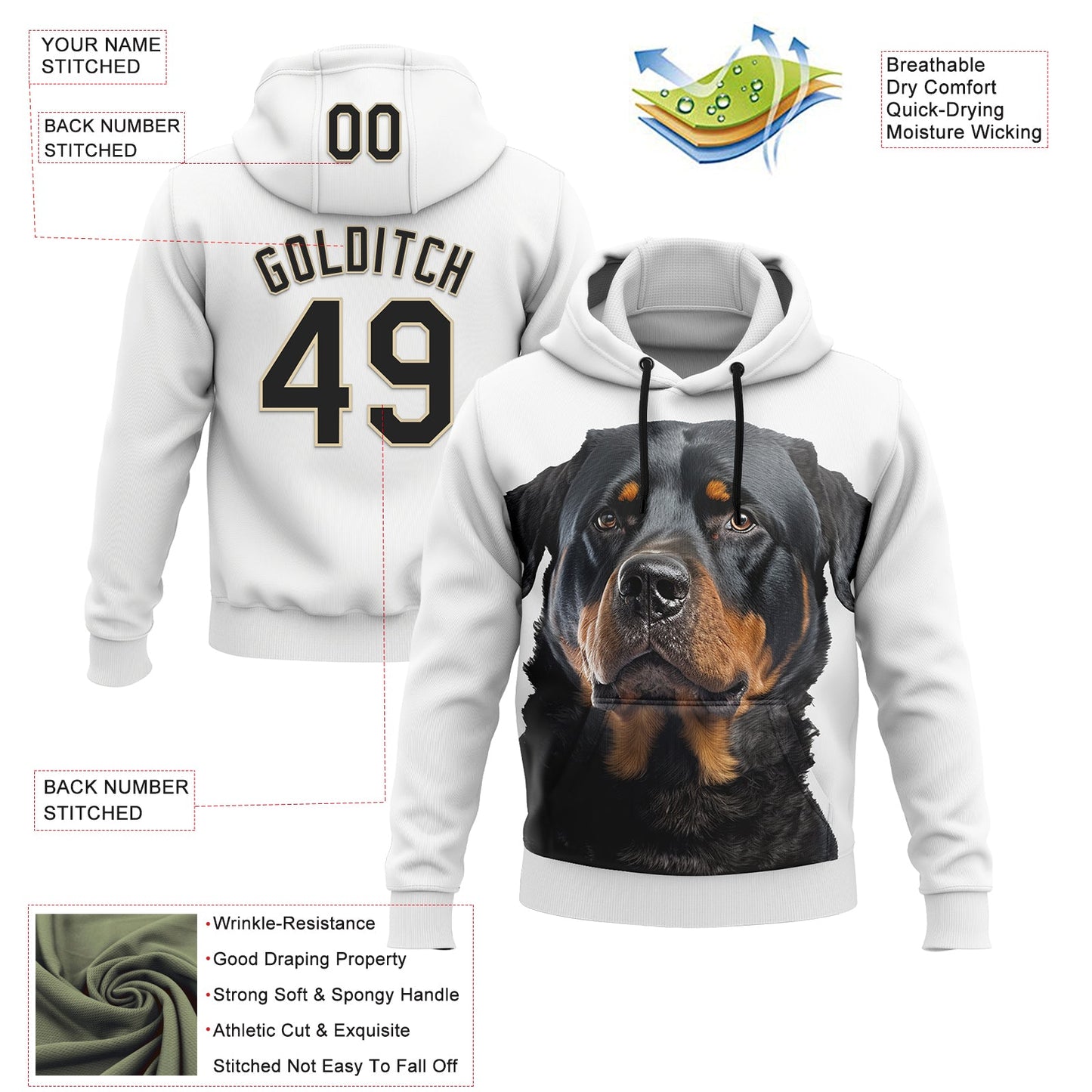 Custom Stitched White Black-Cream 3D Pattern Design Rottweiler Dog Sports Pullover Sweatshirt Hoodie view 2
