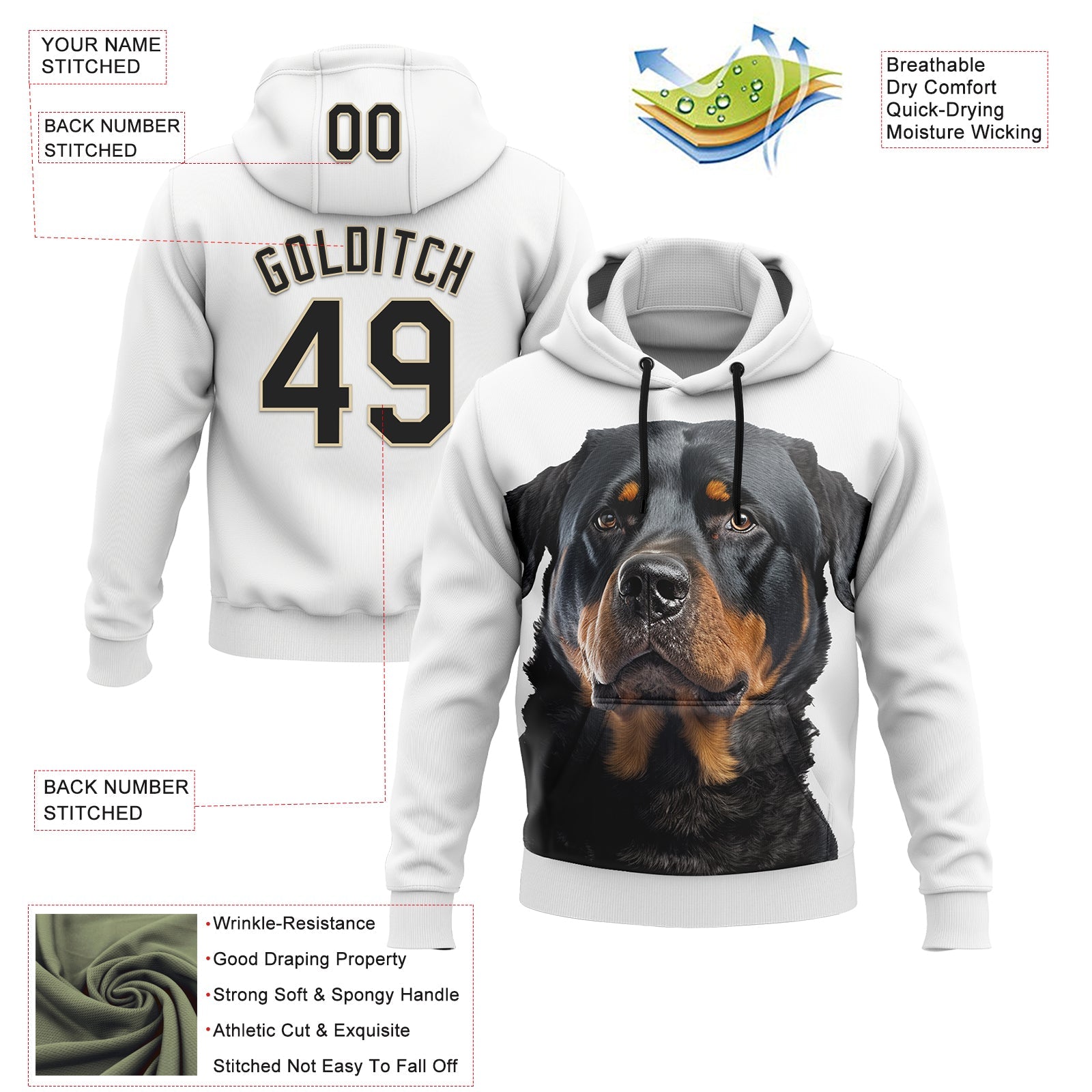 Custom Stitched White Black-Cream 3D Pattern Design Rottweiler Dog Sports Pullover Sweatshirt Hoodie view 2