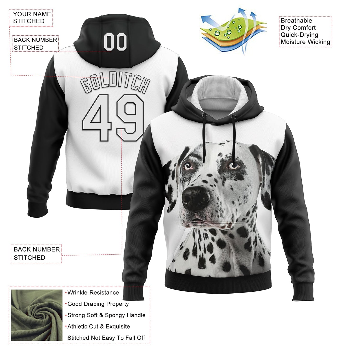Custom Stitched White Black 3D Pattern Design Dalmatian Dog Sports Pullover Sweatshirt Hoodie view 2
