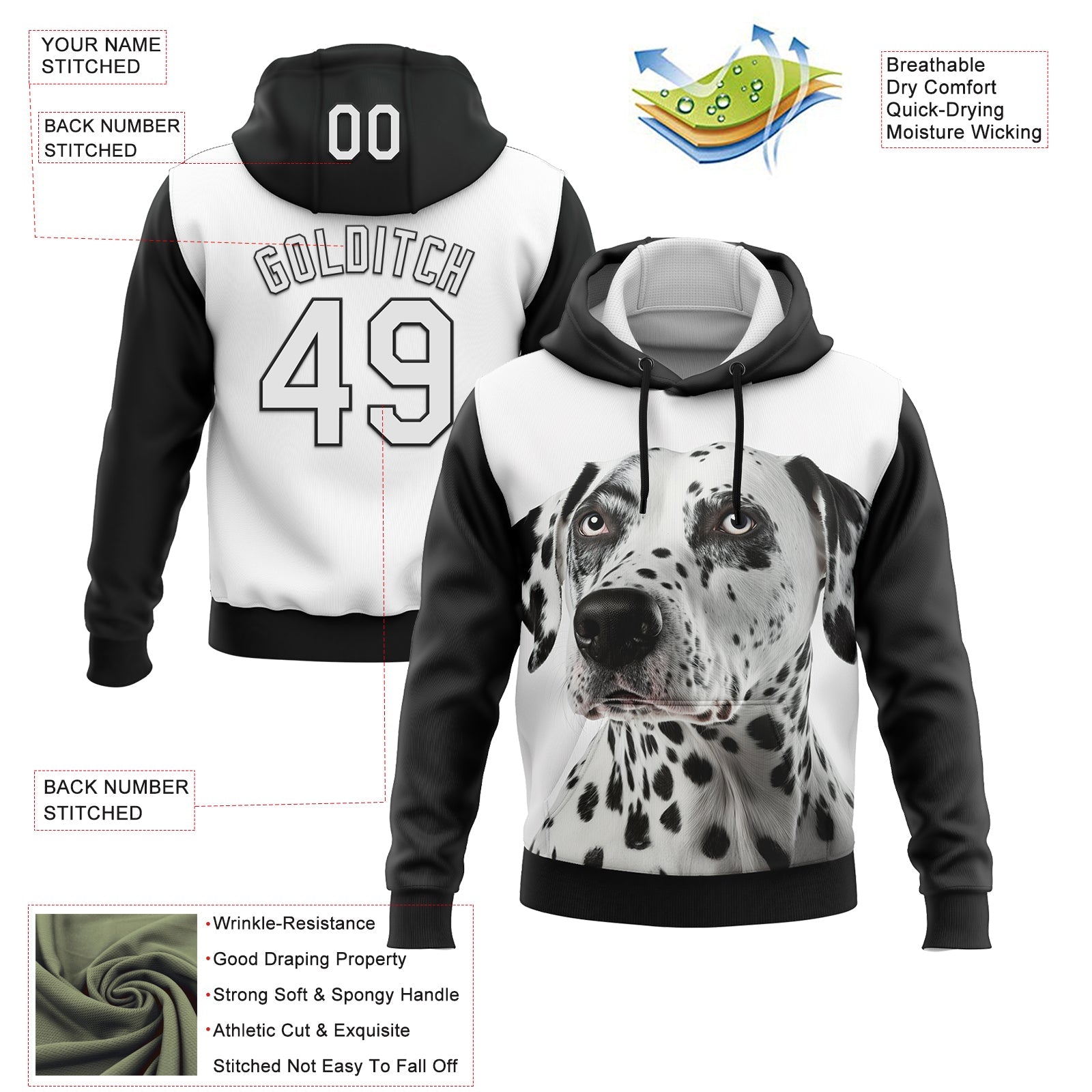 Custom Stitched White Black 3D Pattern Design Dalmatian Dog Sports Pullover Sweatshirt Hoodie view 2