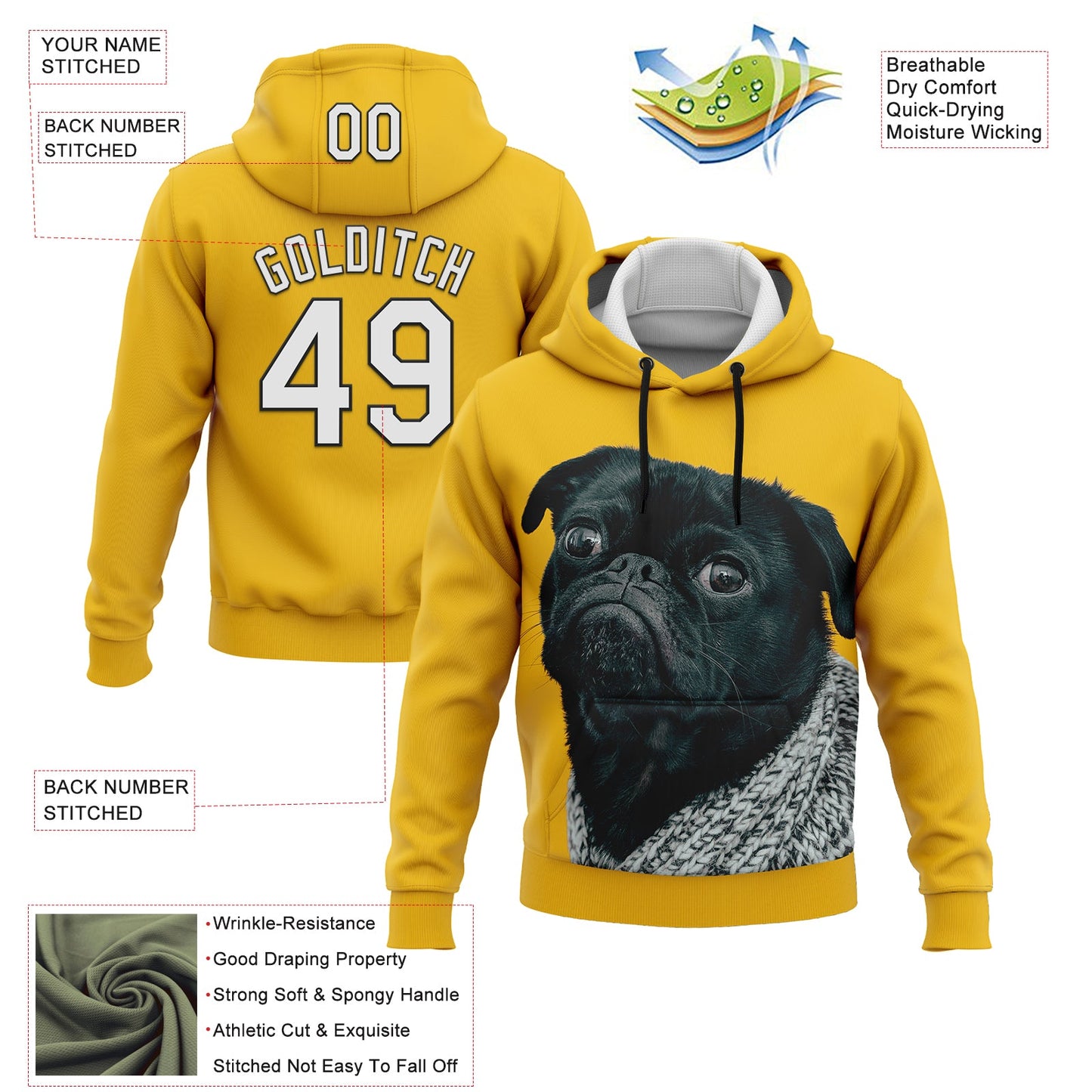 Custom Stitched Yellow White-Black 3D Pattern Design Pug Dog Sports Pullover Sweatshirt Hoodie view 2