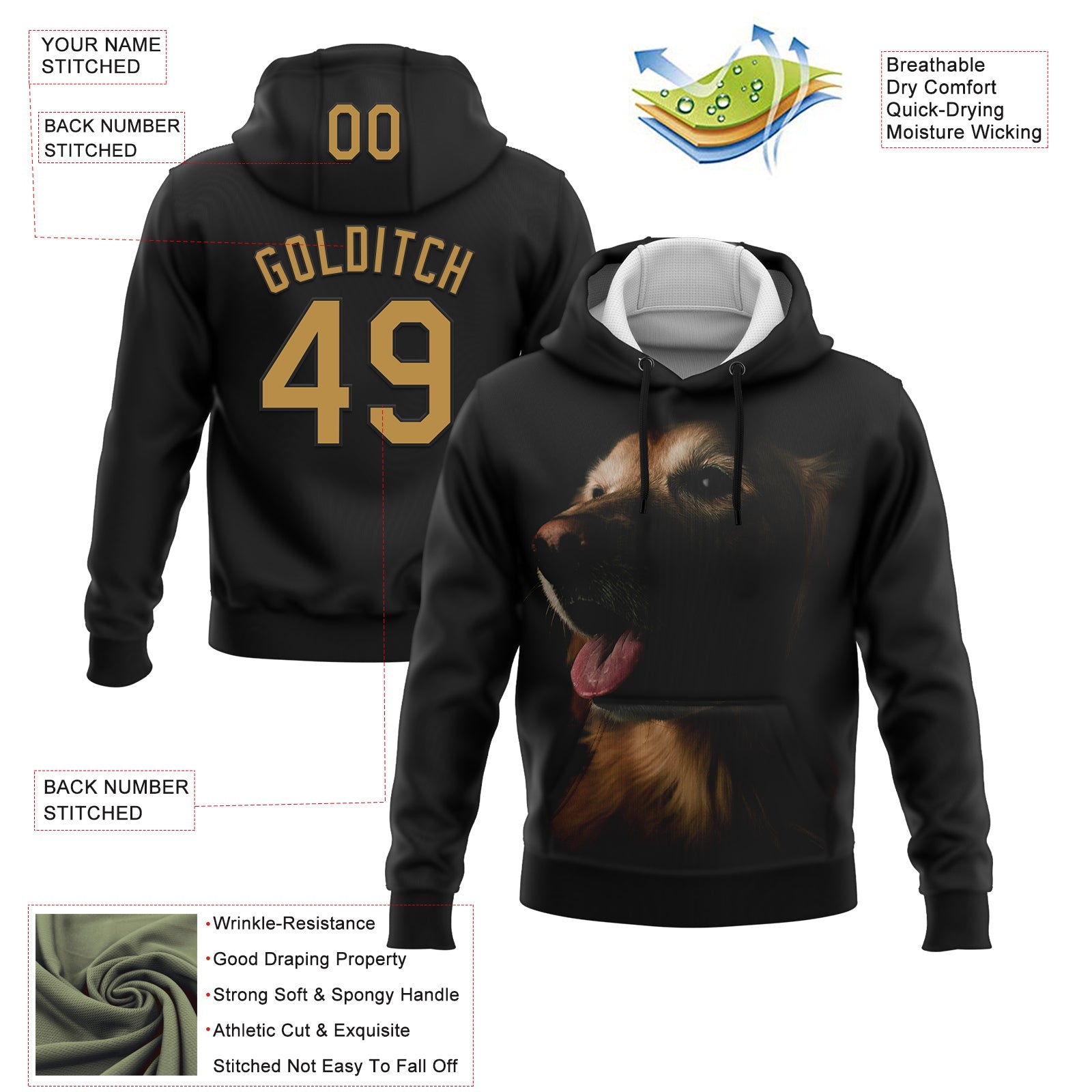 Custom Stitched Black Old Gold 3D Pattern Design Golden Retriever Dog Sports Pullover Sweatshirt Hoodie view 2