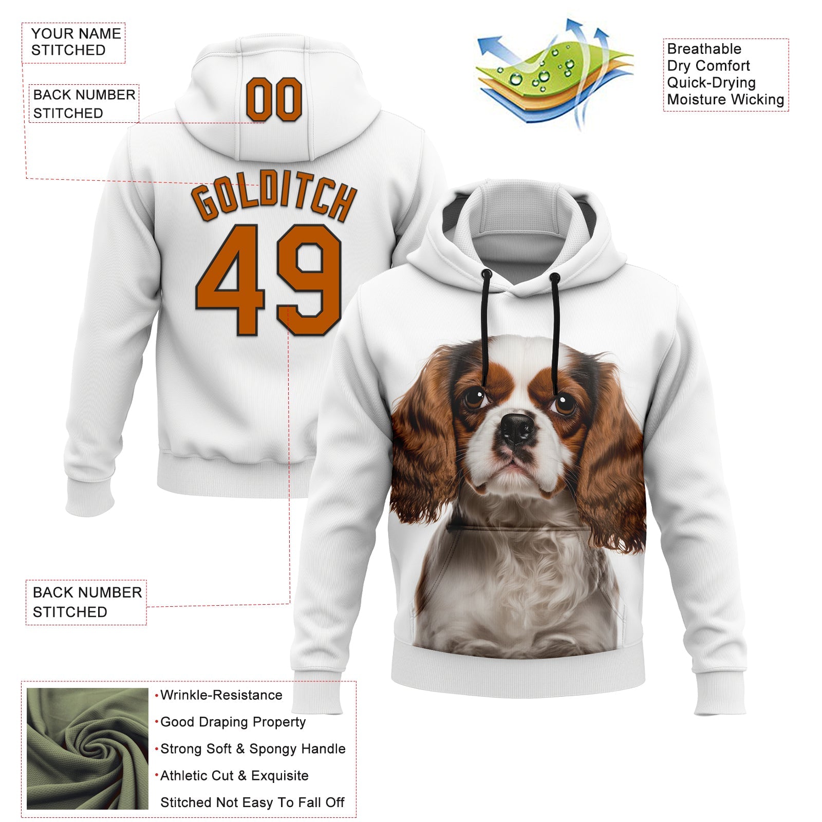 Custom Stitched White Texas Orange-Black 3D Pattern Design King Charles Dog Sports Pullover Sweatshirt Hoodie view 2