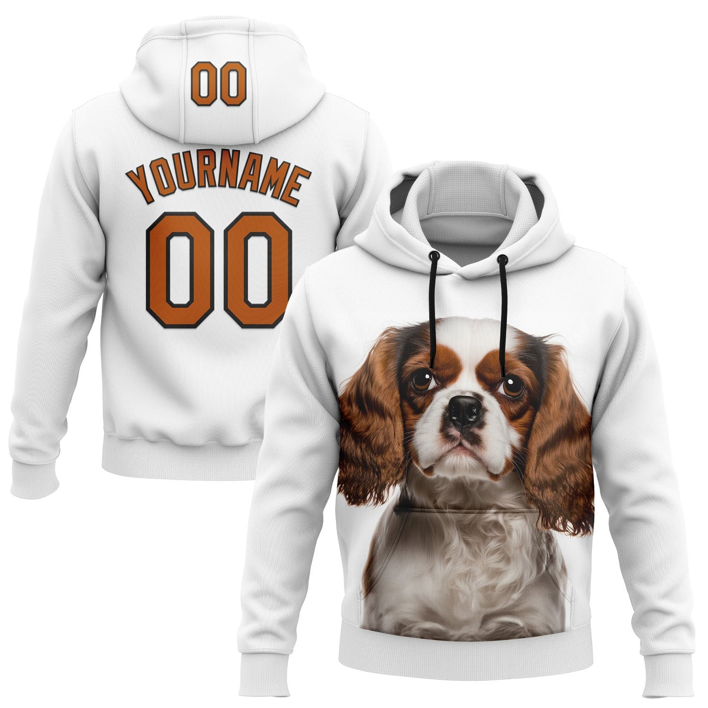 Custom Stitched White Texas Orange-Black 3D Pattern Design King Charles Dog Sports Pullover Sweatshirt Hoodie - Main View