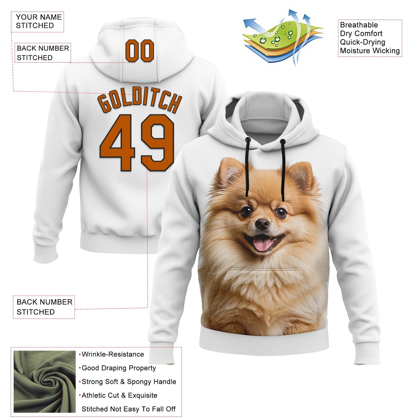 Custom Stitched White Texas Orange-Black 3D Pattern Design Pomeranian Dog Sports Pullover Sweatshirt Hoodie view 2
