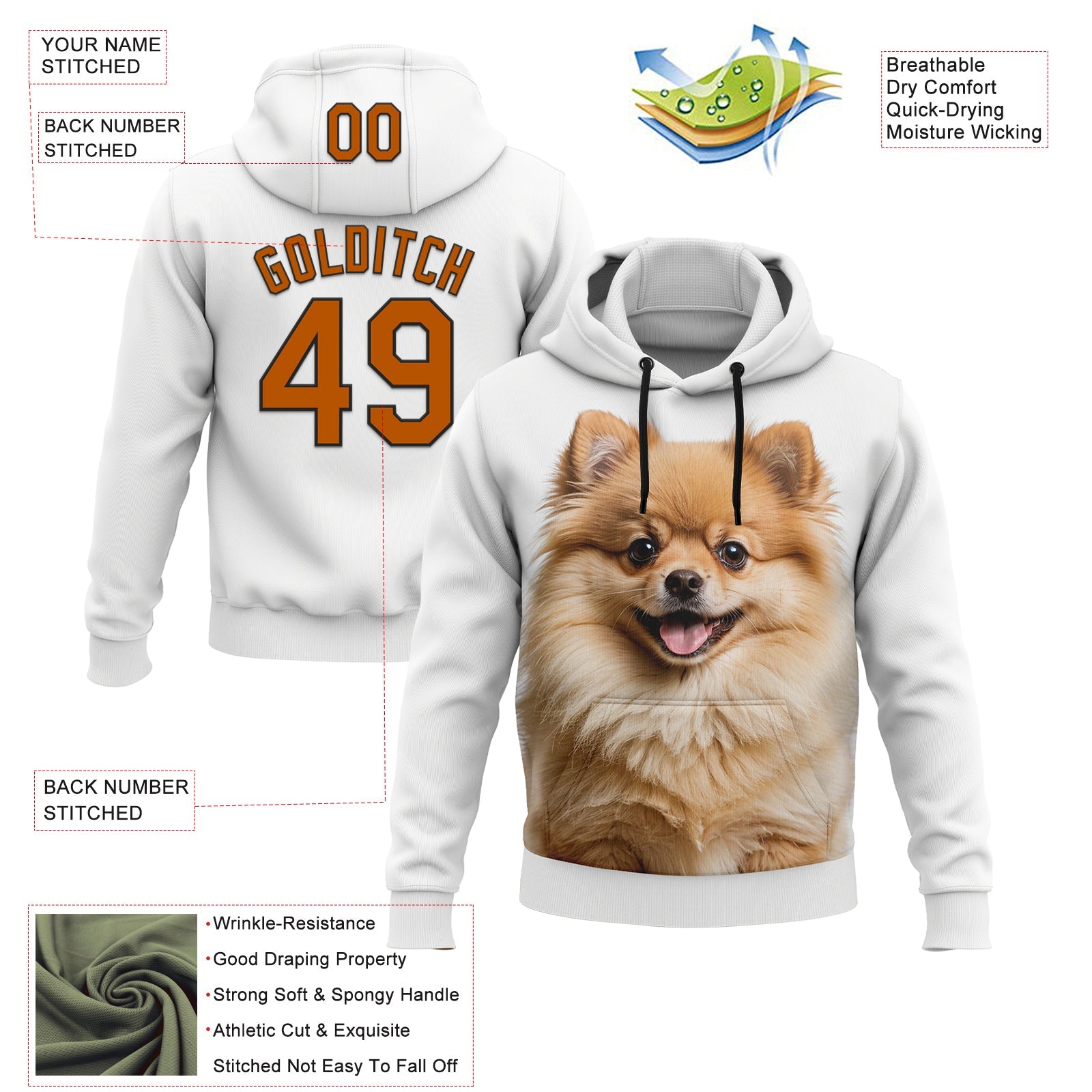 Custom Stitched White Texas Orange-Black 3D Pattern Design Pomeranian Dog Sports Pullover Sweatshirt Hoodie view 2
